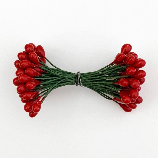 Red Berry Stamen for Christmas Crafting ~ Wired Green Stems